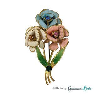 Vintage 1950s Enamel Floral Bouquet Blue Pink Rhinestone Gold Tone Brooch Pin